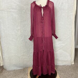 Misa Louisa Floral Long Sleeve Chiffon Midi Dress in Cardinal Red Pink L